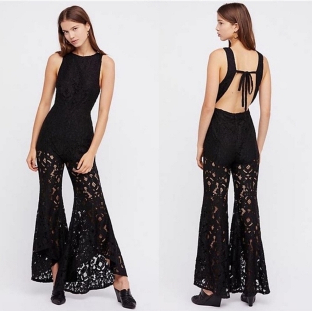 Free People Rise & Shine Black Lace Jumsuit Bell Bottom Flare Leg 2 Open Back
